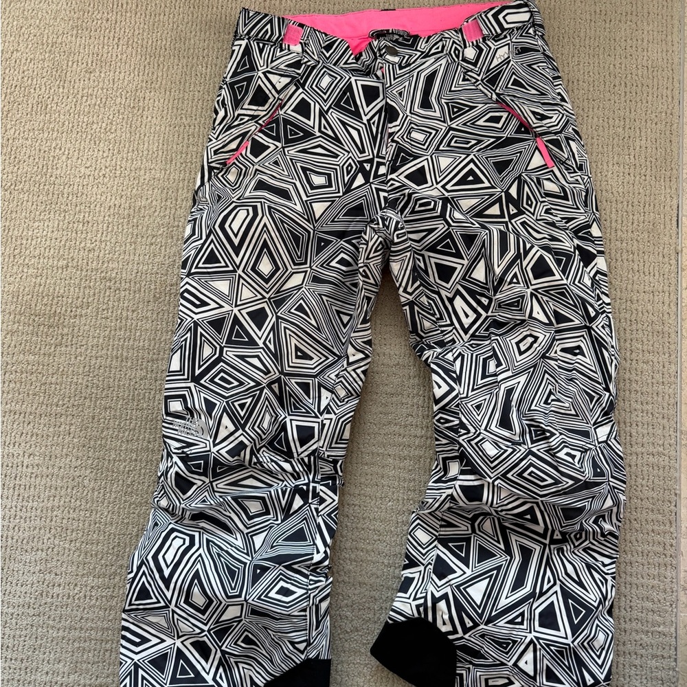 North Face Kids Geometric Black and White Ski Pants with Pink Accents